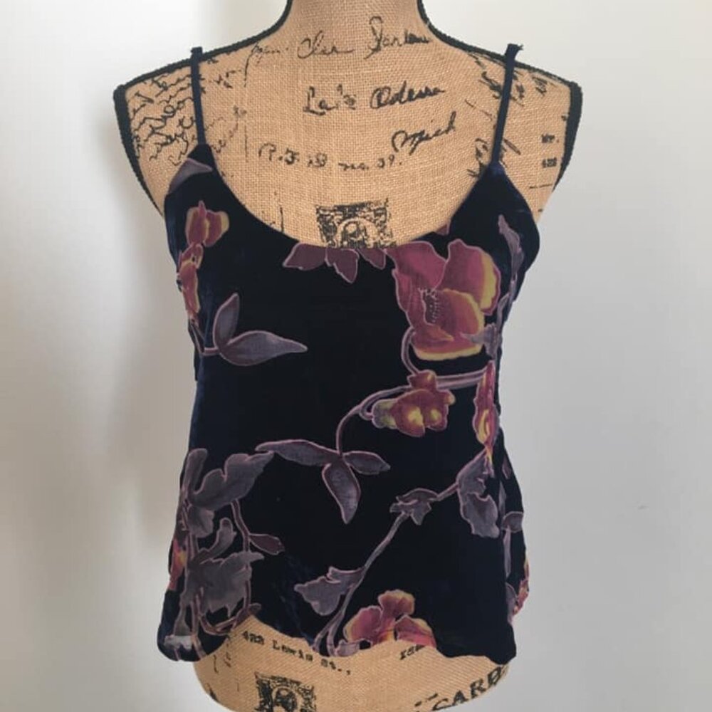 Navy Blue Floral Velvet Velour Cami Tank Top